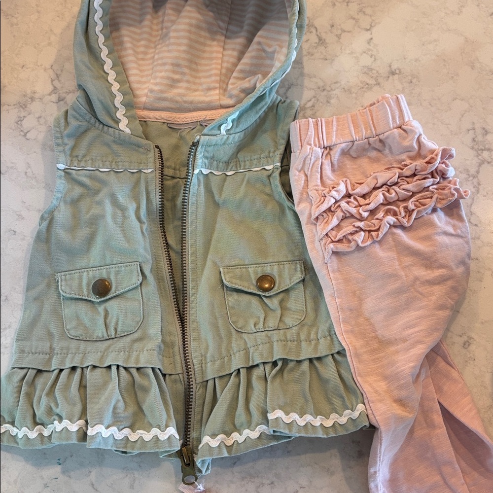 Tahari Green Hooded Vest and Pink Ruffle Pants Set